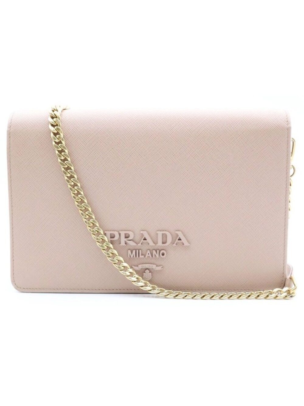 Prada Logo Chain Wallet Shoulder Bag Pink Beige Saffiano Leather